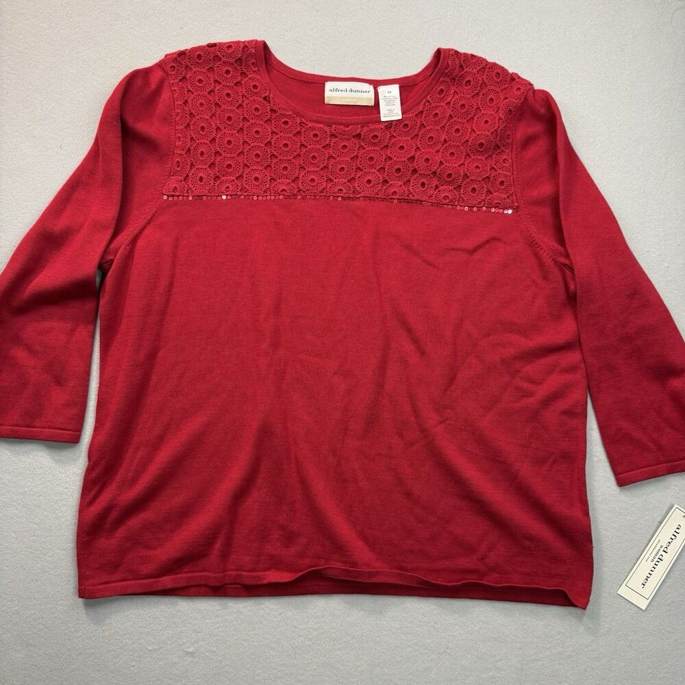 New Alfred Dunner 1X Red Crochet Lace Sequin Knit Sweater Top 3/4 Sleeve Plus